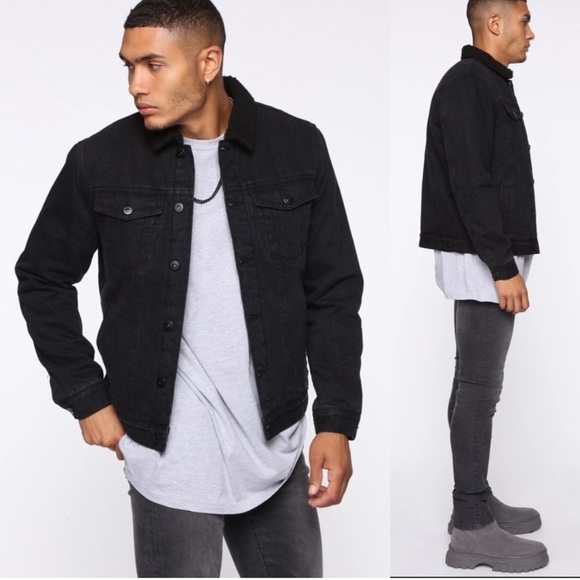 NWT! FASHION NOVA Men's Sherpa Collar Denim Jacket - Black - Picture 3 of 10